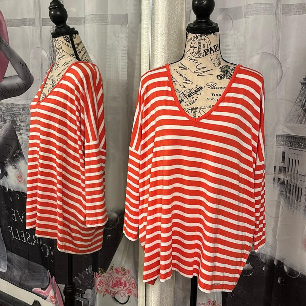 NWT MICHAEL Michael Kors Coral Reef Red & White Striped Blouse
